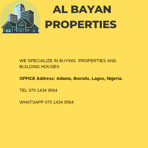 We specialize in buying and selling properties, as well as building houses. We are located in Ikorodu, Lagos, Nigeria.